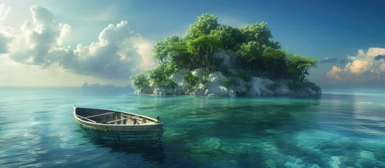 Foto op Plexiglas A small boat peacefully floats on the calm waters surrounding an isolated tropical island. The lush vegetation of the unpopulated isle can be seen in the background, with a coral reef encircling the © TheWaterMeloonProjec