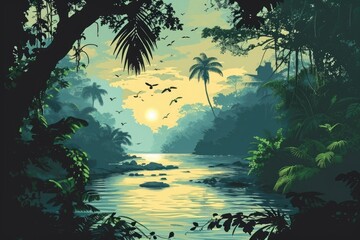 Fototapeta na wymiar In this painting, a river cuts through a landscape filled with trees, creating a striking natural scene, Tropical river with animal silhouettes in the rainforest, AI Generated