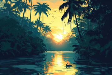 A vibrant painting capturing a beautiful sunset with a duck gracefully gliding across the water, Tropical river with animal silhouettes in the rainforest, AI Generated