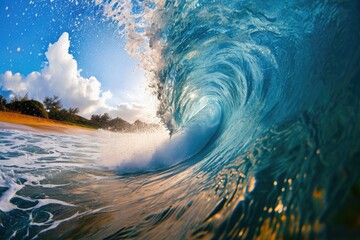A large blue wave with great force surges towards the shore, creating a dynamic and intense scene, Tunnel vision of a surfing wave, AI Generated
