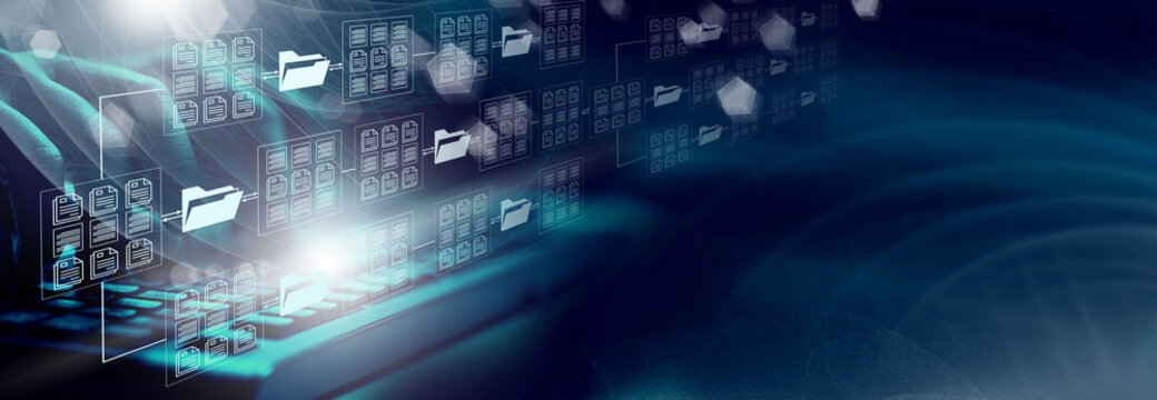  Online documentation database. AI document management system DMS concept.  FTP (File Transfer Protocol), Secure FTP. Internet cloud technology, exchange information and data storage concept.