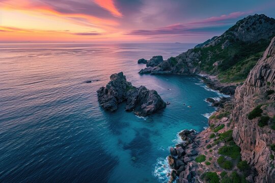 Majestic Sunset Over the Ocean With Rocky Outcrops, Twilight touching the sea waters and jagged rocks from an aerial perspective, AI Generated