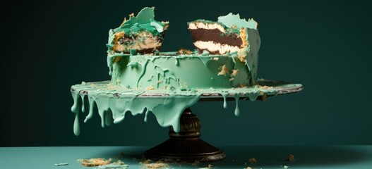 cake destroyed table green background