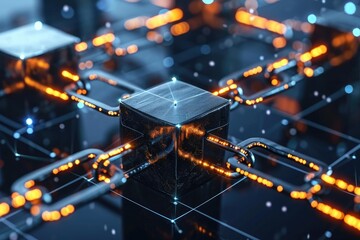 An image showcasing an abstract cube with glowing lights against a dark background, Two blocks connecting, symbolizing the confirmation of a blockchain transaction, AI Generated