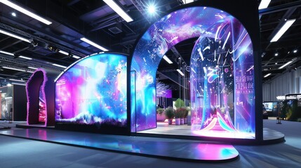 Modern exhibition stand with vibrant cosmic and floral displays, neon lighting. Trade show booth and design concept. - obrazy, fototapety, plakaty