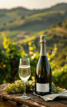 A bottle of Prosecco wine, blank label, with glass of Prosecco wine on a wooden table with bunches of grapes and on the background vineyards and hills. Natural soft and warm lighting