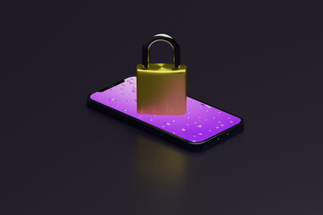 Smartphone with a padlock on a dark background, safety lock or security concept, 3d rendering