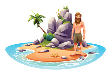 Obraz na płótnie Canvas Castaway man on uninhabited island with palm trees and rocks. Vector cartoon illustration isolated on white background