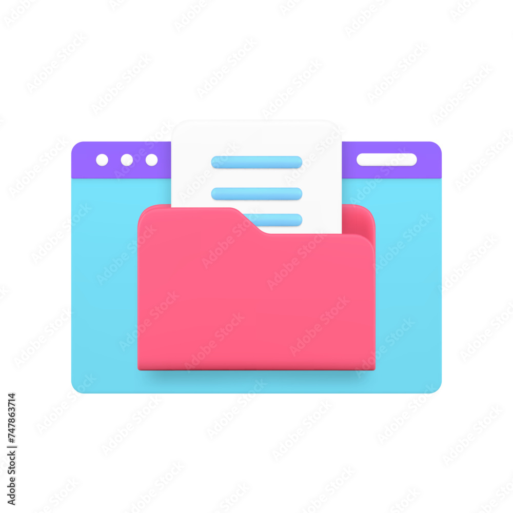 Poster document information file folder digital archive service web site browser 3d icon realistic vector
