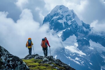 Two Hikers Ascending a Mountain With Backpacks, Two hikers amid their ascent, one assisting the other towards the mountain peak, AI Generated
