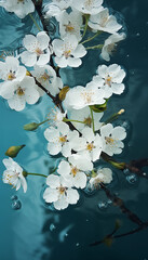 Delicate cherry blossoms adrift on the serene surface of water, creating a peaceful and poetic springtime scene.
