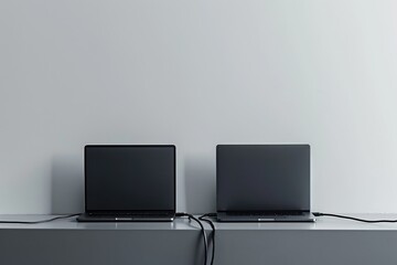A photo showcasing a couple of laptops neatly arranged on top of a desk, Two laptops connected through an ethernet cable in a minimalist setting, AI Generated