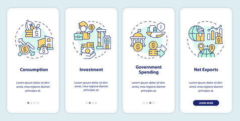 GDP expenditure calculating method onboarding mobile app screen. Walkthrough 4 steps editable graphic instructions with linear concepts. UI, UX, GUI template. Myriad Pro-Bold, Regular fonts used - obrazy, fototapety, plakaty