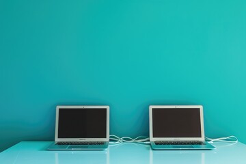 Two laptops are placed side by side on a desk against a vibrant blue wall, Two laptops connected through an ethernet cable in a minimalist setting, AI Generated