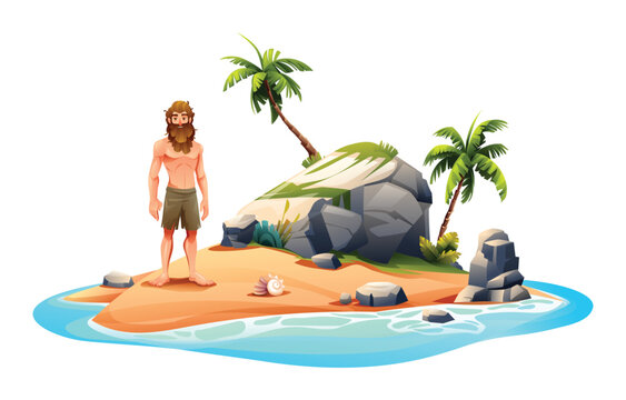 Castaway man on desert island. Vector cartoon illustration isolated on white background
