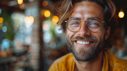 A vibrant portrait of a bearded man with yellow glasses and a joyful smile