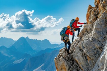Adventurous Climbers Scaling a Steep Mountain, Two mountain climbers on a challenging climb, one aiding the other to the top, AI Generated