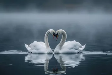 Foto op Aluminium Two swans gracefully create a heart shape with their bodies, floating in the water, Two swans creating a heart shape with their necks at a serene lake, AI Generated © Iftikhar alam