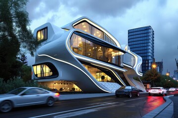Obraz premium A modern building featuring a curved roof stands prominently in the middle of a bustling city street, Ultra-modern architecture studio with creative designs on a congested city street, AI Generated