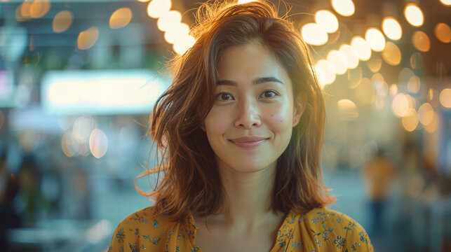 Warmly lit portrait of an Asian woman smiling against an urban backdrop