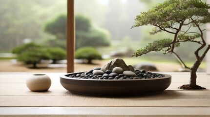 Minimalist Zen: Find peace and tranquility in an uncluttered wallpaper showcasing a serene Japanese garden with carefully raked gravel and a solitary bonsai plant, inviting reflection and meditation - obrazy, fototapety, plakaty