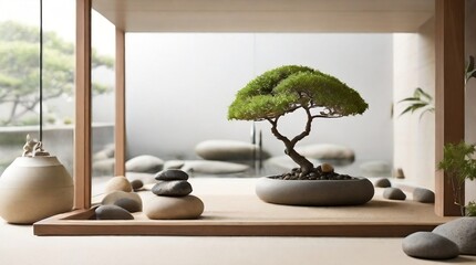Minimalist Zen: Find peace and tranquility in an uncluttered wallpaper showcasing a serene Japanese garden with carefully raked gravel and a solitary bonsai plant, inviting reflection and meditation - obrazy, fototapety, plakaty
