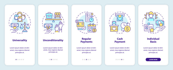 Universal basic income onboarding mobile app screen. Unequal salary. Walkthrough 5 steps editable graphic instructions with linear concepts. UI, UX, GUI template. Myriad Pro-Bold, Regular fonts used