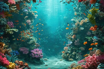 Colorful Coral Reef Teeming With Fish in an Underwater Scene, Under the sea theme featuring corals, turquoise waters and a canopy of colorful sea creatures, AI Generated