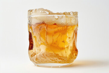 A glass of kombucha with SCOBY, on a white background