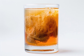 A glass of kombucha with SCOBY, on a white background