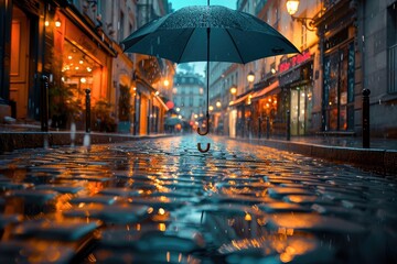 A person walks down a busy city street, holding an umbrella to shield themselves from the rain, Underneath an umbrella on a rainy Parisian cobblestone street lined with lit shops, AI Generated - obrazy, fototapety, plakaty