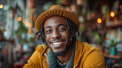 An individual with unique dreadlocks wearing a yellow hoodie in the warm ambiance of a cozy café...