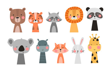 Cartoon cute animals set for baby card and invitation. Vector illustration. Lion, bunny, bear, panda, tiger, rabbit, fox.
