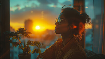 A contemplative person sitting at home by the window relishing a picturesque domestic sunset - obrazy, fototapety, plakaty