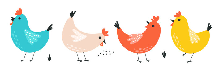 Set with cute chickens. Vector illustrations