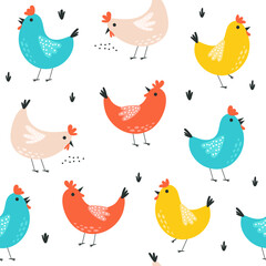 Seamless pattern with cute chickens. Vector illustrations - 747864791
