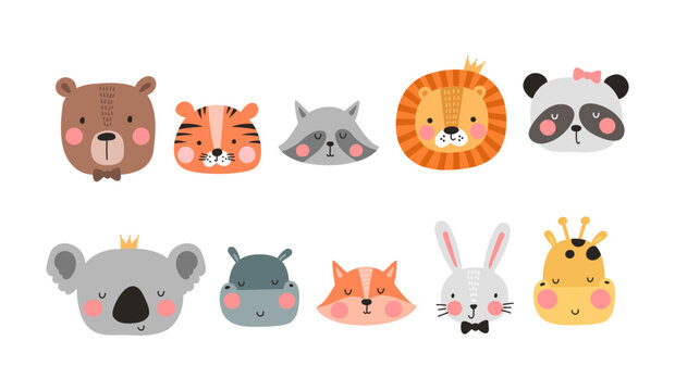 Cartoon cute animals face set for baby card and invitation. Vector illustration. Lion, bunny, bear, panda, tiger, rabbit, fox.