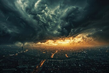 The photo captures a cityscape at night, as dark storm clouds ominously gather overhead, Unpredictable weather, mirroring economic turbulence, AI Generated
