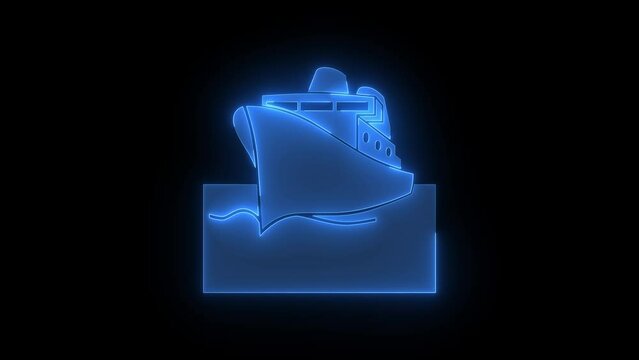 Passenger ship icon glowing neon blue color animation black background