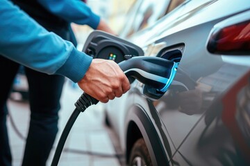 A person wearing a blue shirt pumps gas into a silver sedan at a busy gas station, Up close image of hands plugging a charger into an electric vehicle, AI Generated - obrazy, fototapety, plakaty