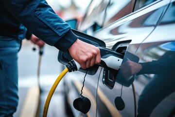 A man is seen pumping gas into his car at a gas station, with other vehicles visible in the background, Up close image of hands plugging a charger into an electric vehicle, AI Generated - obrazy, fototapety, plakaty