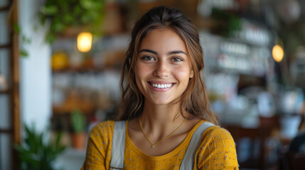 Casual image of a woman in a yellow mustard top captured in a bustling café with a face blur - obrazy, fototapety, plakaty