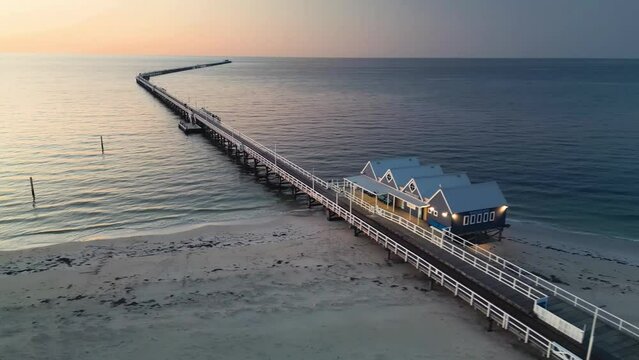 Aerial view of Busselton Jetty at sunset, Western Australia