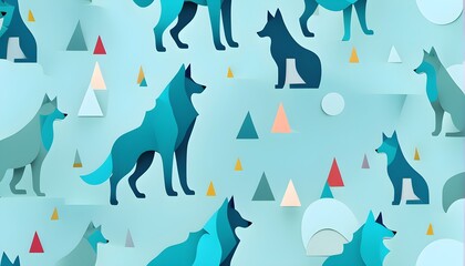 Wolves and trees seamless pattern. Silhouette vector illustration on turquoise background. Wallpaper design for home decoration, fabric and print.