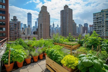 Fototapeta premium A vibrant rooftop garden filled with an abundance of plants, set against a backdrop of towering urban buildings, Urban farmers cultivating rooftop gardens in a cityscape view, AI Generated