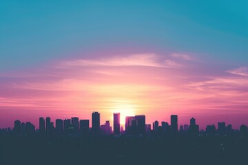 The sun sets over a city skyline, casting a warm, orange glow over the buildings and creating a beautiful evening view, Urban skyline silhouette against a pastel-colored sunset, AI Generated