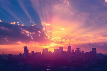The sun is setting over a city skyline, casting warm golden light on the tall buildings, Urban skyline silhouette against a pastel-colored sunset, AI Generated