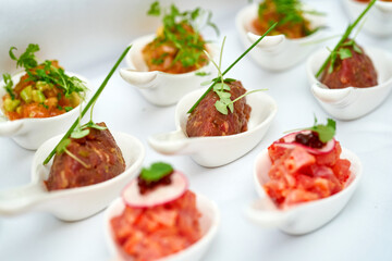 Appetizer for the banquet - different types of salmon, beef and tuna tartare on the table