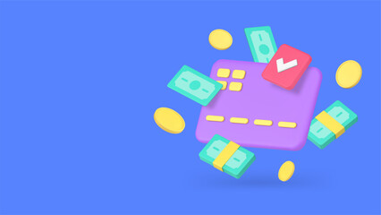 Send cash money dollar to credit debit card transaction banner copy space 3d icon realistic vector