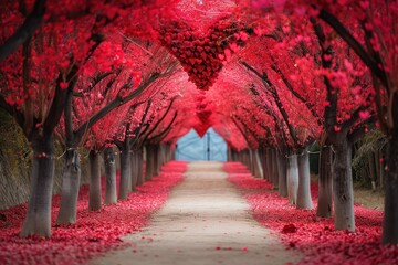 A pathway surrounded by trees with vibrant red leaves creates a picturesque scene, Valentineâ€™s Day loversâ€™ lane with heart-shaped trees lining the path, AI Generated